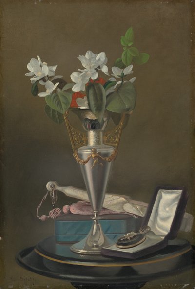 Natura morta con ventaglio e pendente da Samuel Marsden Brookes