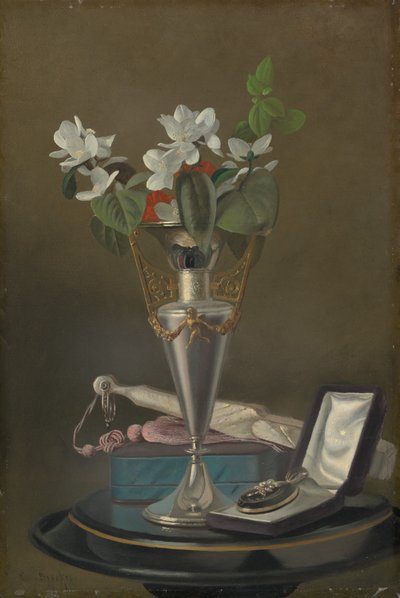 Natura morta con ventaglio e pendente da Samuel Marsdon Brookes