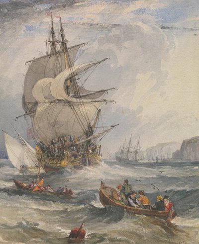Navi a vela e piccole barche in mare mosso al largo della costa da Samuel Owen