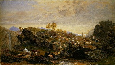 Contadini con pecore e capre in un paesaggio roccioso da Samuel Palmer