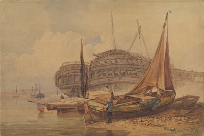 Scena costiera con barche arenate in primo piano, inizio-metà XIX secolo da Samuel Prout
