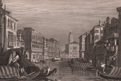 Gondole sul Canal Grande, Venezia, Veneto, Italia, incisione in acciaio da un disegno di Samuel Prout (1783-1852), circa 15x11.5 cm da Samuel Prout