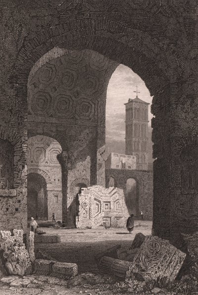 Il Tempio della Pace o il Foro di Vespasiano, Roma, Lazio, Italia, incisione su acciaio da un disegno di Samuel Prout da Samuel Prout