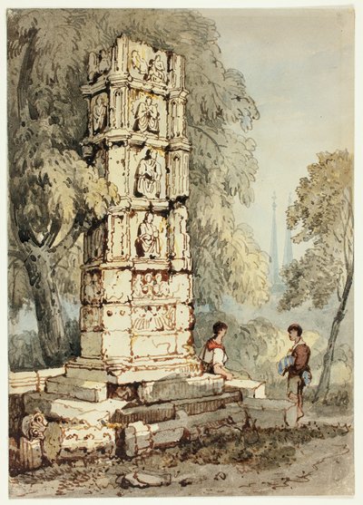 Due figure accanto a rovine medievali, con chiesa in lontananza da Samuel Prout
