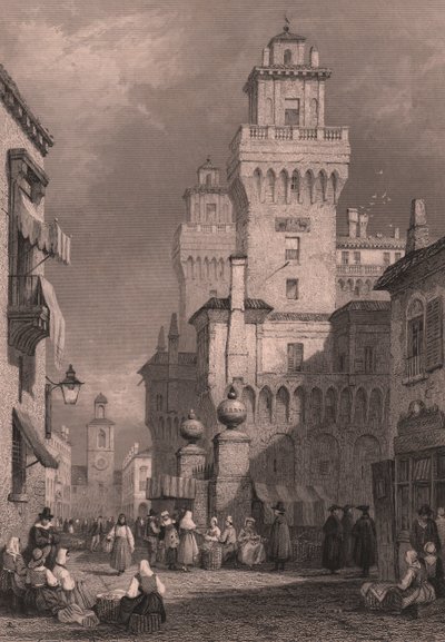 Veduta del Castello Estense, Ferrara, Emilia-Romagna, Italia, incisione in acciaio di John Godfrey (ca 1817-1889) dopo un disegno di Samuel Prout (1783-1852), ca 26x17 cm, pubblicato da Blackie and Son da Samuel Prout