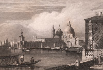 Veduta del Canal Grande con Punta della Dogana e Basilica di Santa Maria della Salute sullo sfondo, Venezia, Veneto, Italia, incisione in acciaio da un disegno di Samuel Prout (1783-1852), circa 15x11.5 cm da Samuel Prout