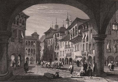 Veduta della piazza del mercato a Domodossola, Piemonte, Italia (incisione su acciaio) da Samuel Prout