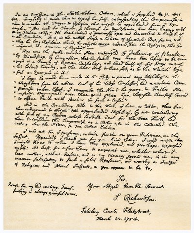 Lettera di Samuel Richardson, 22 marzo 1754 da Samuel Richardson