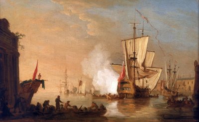 Nave da guerra britannica che spara il cannone per salutare, all