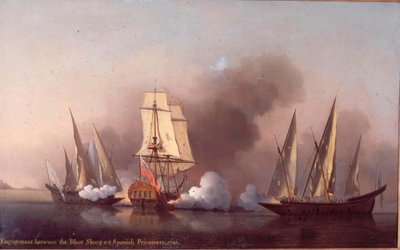 Il combattimento tra il Blast Sloop e due corsari spagnoli da Samuel Scott