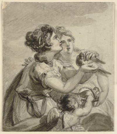 Due donne con una colomba in mano e un cupido da Samuel Shelley