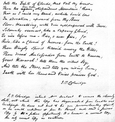Ultime righe della poesia di Coleridge Hymn before Sunrise in the Vale of Chamouny, scritte di proprio pugno dal poeta e inviate in una lettera a Mrs Brabant di Devizes, 1815 da Samuel Taylor Coleridge