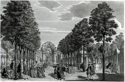 Gli archi trionfali, statua di Handel nel viale sud dei giardini di Vauxhall, inciso da John S. Muller da Samuel Wale