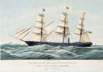 Un clipper reale della compagnia di navigazione Australia e Liverpool. Litografia colorata a mano, circa 1856 di Samuel Walters da Samuel Walters