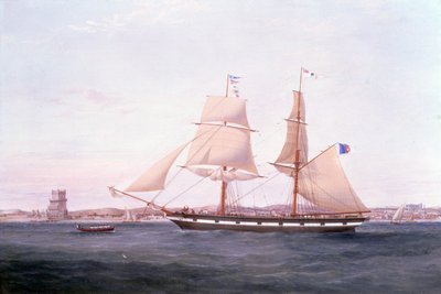 La Maria Helena al largo di Lisbona con la Torre di Belem oltre la sua prua da Samuel Walters