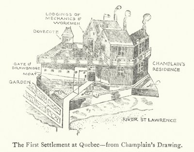 Il primo insediamento francese a Quebec, inizio XVII secolo (litografia) da Samuel de Champlain