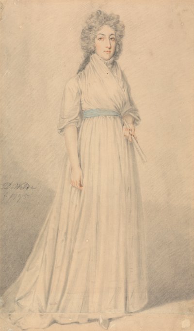 Una signora, a figura intera, che indossa una fascia blu e tiene un ventaglio da Samuel de Wilde