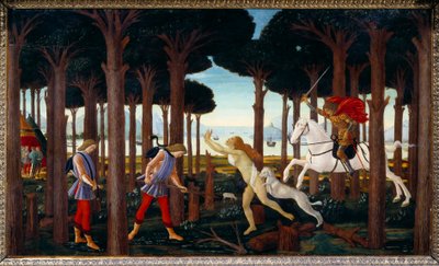 Storia di Nastagio degli Onesti: Incontro con la dannata della pineta, primo pannello di una serie di quattro da Sandro Botticelli