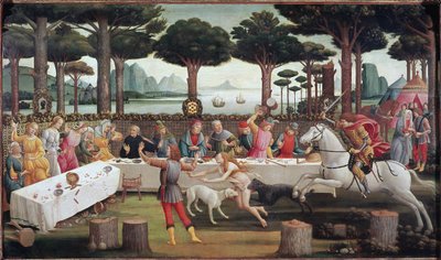 Il banchetto nella foresta: Scena III della storia di Nastagio degli Onesti da Sandro Botticelli