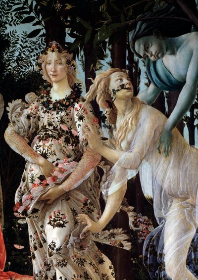La primavera. Dettaglio: Zefiro afferra la ninfa Clori con un velo trasparente e Flora nel suo vestito di fiori da Sandro Botticelli