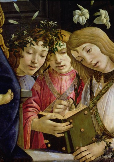 Madonna col bambino con il giovane San Giovanni Battista e angeli: dettaglio che mostra tre angeli (dettaglio) da Sandro Botticelli