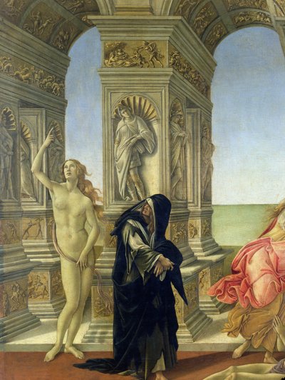 La calunnia di Apelle (dettaglio della figura nuda della Verità che punta al cielo e della Penitenza vestita con un abito domenicano stracciato) da Sandro Botticelli