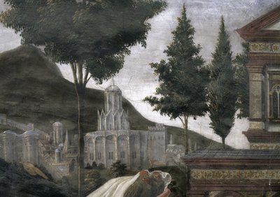 La Purificazione del lebbroso e la Tentazione di Cristo, nella Cappella Sistina: dettaglio di una città immaginaria in un paesaggio da Sandro Botticelli