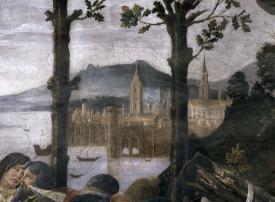 La Purificazione del lebbroso e la Tentazione di Cristo, nella Cappella Sistina: dettaglio di un porto immaginario in un paesaggio da Sandro Botticelli