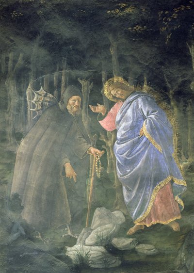 La Purificazione del lebbroso e la Tentazione di Cristo, nella Cappella Sistina: dettaglio del diavolo che sfida Gesù a trasformare le pietre in pane da Sandro Botticelli