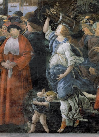 La Purificazione del lebbroso e la Tentazione di Cristo, nella Cappella Sistina: dettaglio di una donna che porta legna da ardere e un piccolo ragazzo che porta uva da Sandro Botticelli