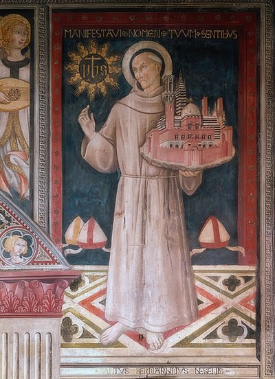 San Bernardino da Siena con un modello della città di Siena da Sano di Pietro