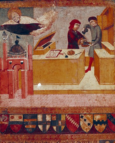 Il camerlingo che simbolicamente si lava le mani mentre la Vergine benevola e protettiva vola sopra la città di Siena Dettaglio. Dipinto su legno di Sano di Pietro (1406-1481) che decora una Biccherna (copertina del registro contabile della città di Siena) da Sano di also Ansano di Pietro di Mencio Pietro