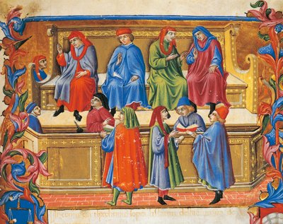 Tribunale del Commercio (miniatura dagli Statuti dei Mercanti di Sano di Pietro, Italia XV secolo) da Sano di also Ansano di Pietro di Mencio Pietro