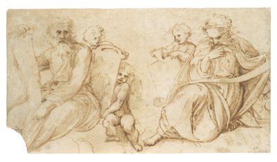 Due profeti con pergamene seduti con putti che tengono tavolette da Sanzio of Urbino Raphael