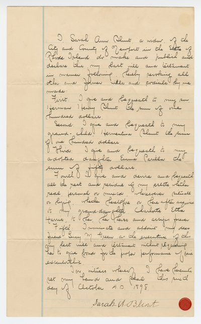 Ultimo testamento di Sarah Ann Blunt Crozley, ottobre 1898 da Sarah Ann Blunt Crozley