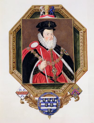 Ritratto di William Cecil (1520-98) 1° Barone Burghley da Memoirs of the Court of Queen Elizabeth, dopo un quadro di Marcus Gheeraerts il Giovane (c.1561-1635) pubblicato nel 1825 da Sarah Countess of Essex