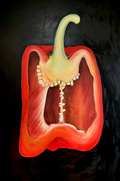 Mezzo peperone rosso, 2024 (olio su tela) da Sarah Thompson Engels