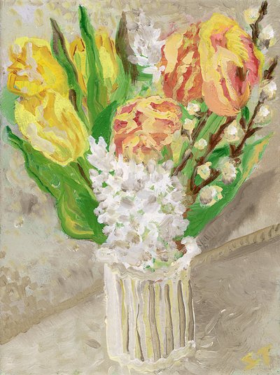 Tulipano e giacinto, 2023 circa (olio su tela) da Sarah Tudor