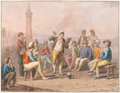 Acquerello; Rinaldo Rinaldini recita sul molo da Saverio della Gatta