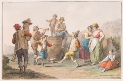 Due contadini che ballano al suono di cornamusa e corno da Saverio della Gatta