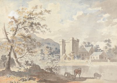 Castello sotto le montagne con cavalli vicino a un fiume da Sawrey Gilpin