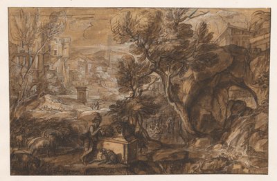 Paesaggio con pastore vicino a un sarcofago antico da Sébastien Bourdon (attributed to)