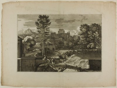 Cascata presso un ponte di pietra, con castello in lontananza da Sébastien Bourdon