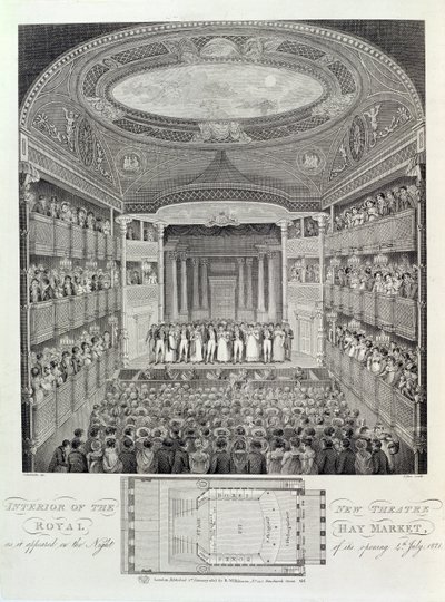 Interno del Nuovo Teatro Reale, Haymarket, come Appariva la Notte della sua Apertura, 4 luglio 1821, inciso da James Stow da Schebbellie