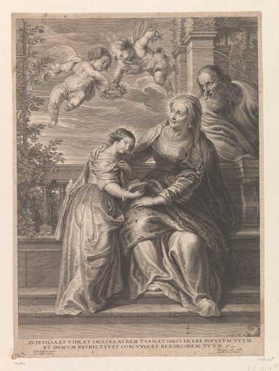 Maria con i suoi genitori Anna e Gioacchino da Schelte Adamsz. Bolswert