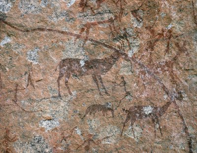 ARTE AFRICANA: Pittura rupestre a Ngomo Carera, nella catena di Domboshawa, 20 miglia a nord... (affresco) da School African