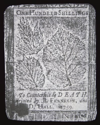 Una banconota da 100 scellini progettata e stampata da Benjamin Franklin nel 1759 da School American