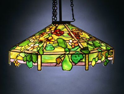 Lampadario sospeso in vetro piombato e bronzo 