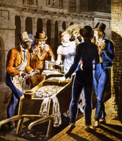 Un venditore di ostriche che vende le sue merci fuori dal Chestnut Street Theatre a Filadelfia, c.1796 da School American