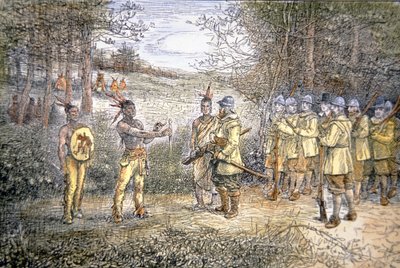 Il capitano Miles Standish commercia con gli indiani Wampanoag nel 1621 da School American